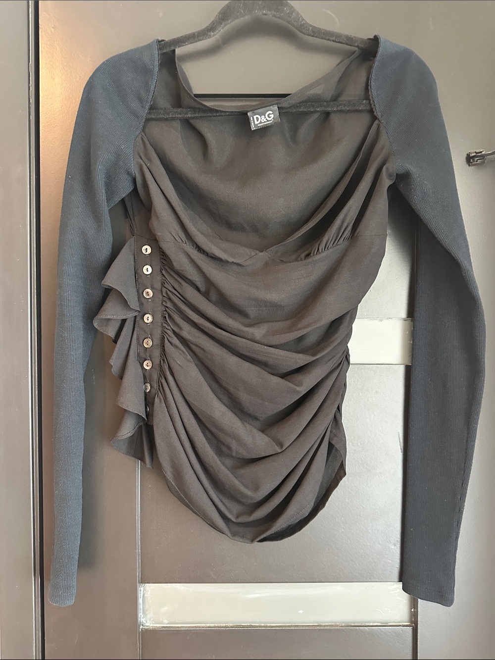 D&G Black Draped Long-Sleeve Ruched Top with Button Detail